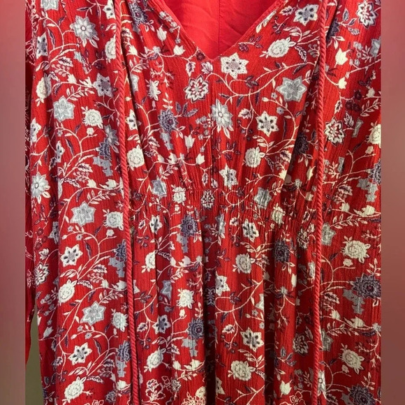 Free People Small Red Long Sleeve Tunic Dress with V Neck - Picture 4 of 5